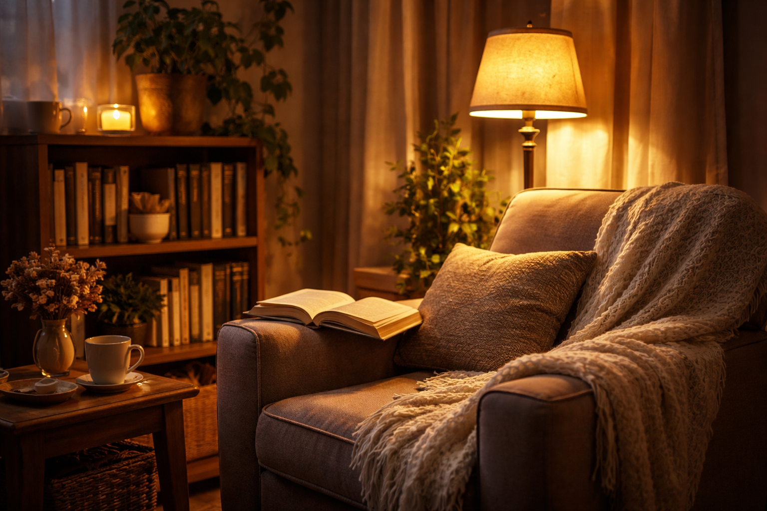 Sıcak aydınlatmalı okuma köşesi